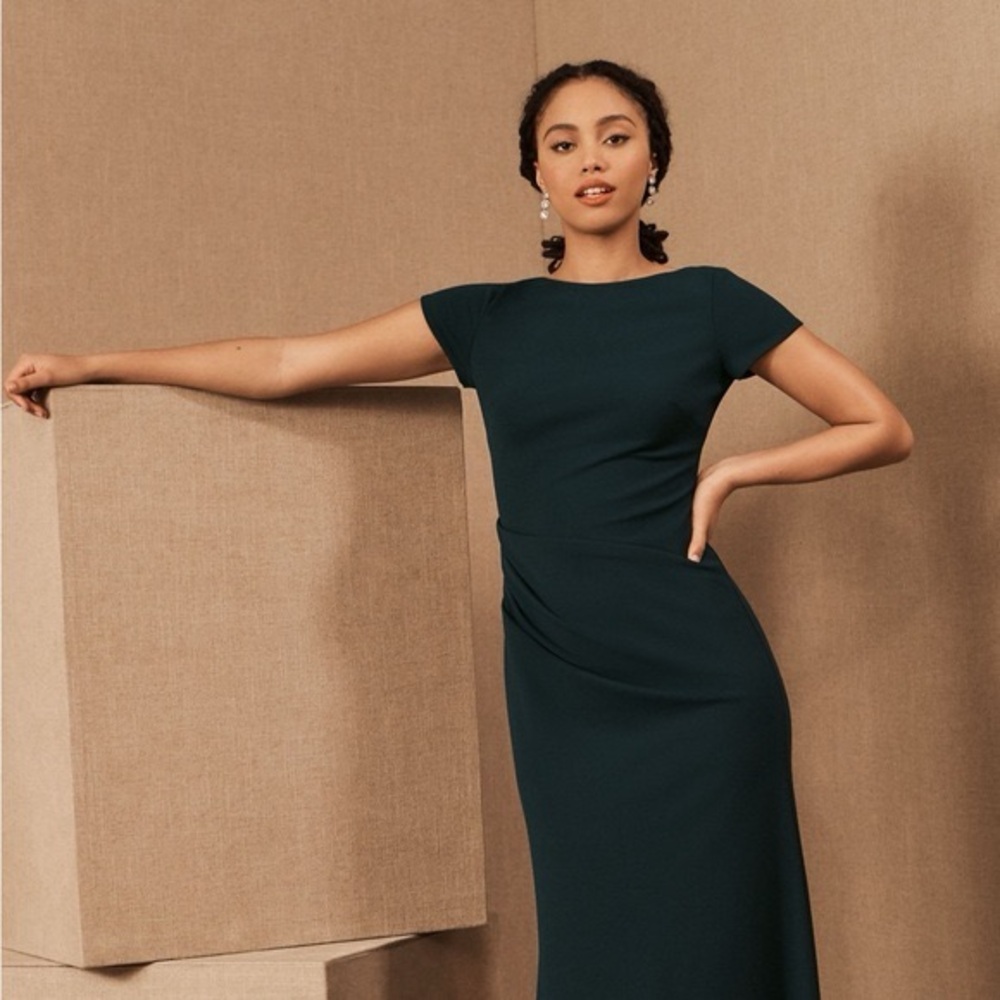 BHLDN Matisse Cap Sleeve Crepe ruched Dress Dark Emerald Forest Green Size 10